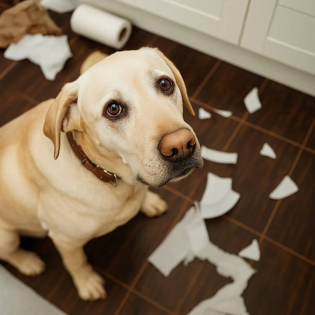Perro sentado entre papeles rotos