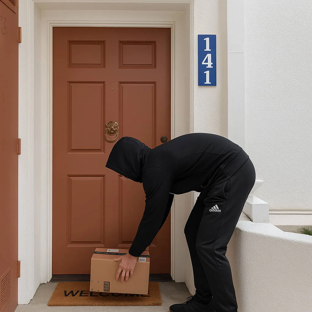 Ladrón robando un paquete frente a una puerta